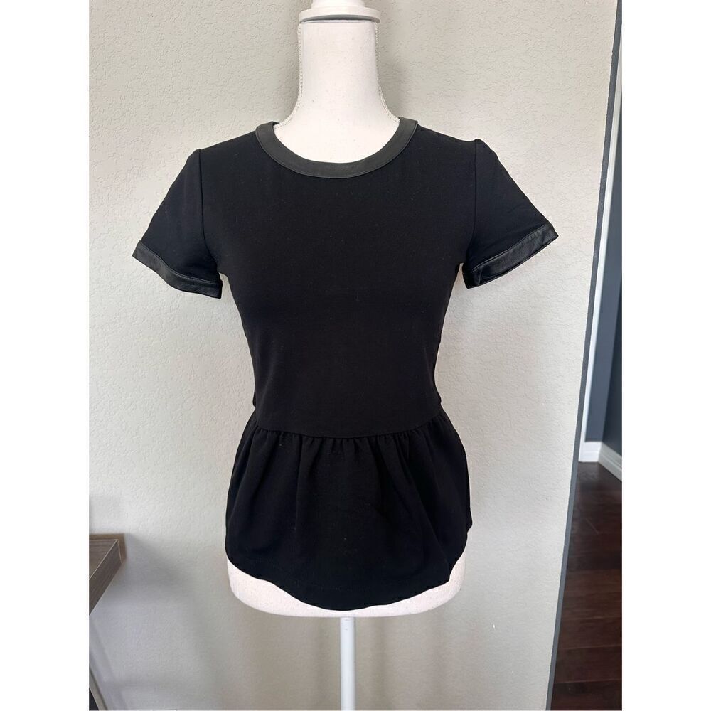 NWT Madewell Black Leather Trim Peplum Blouse XS